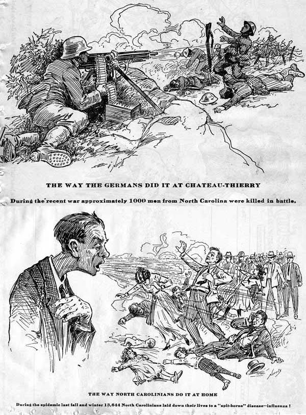 A cartoon depicting a German soldier shooting North Carolinians in one frame, and a native North Carolinian sneezing on other locals in the other frame.