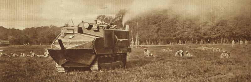A tank moves across a battlefield. It is heavily armored.