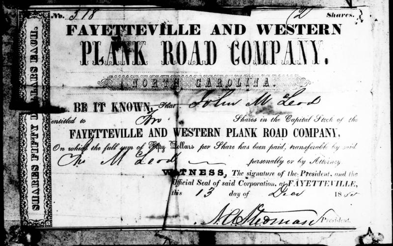 Share certificate from the Fayetteville and Western Plank Road
