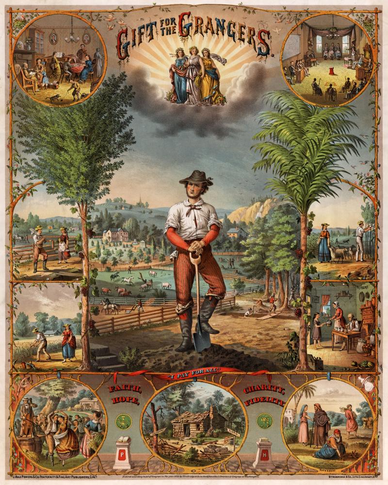A farmer is in the center, surrounded by different scenes of farming contributions. The scenes show domesticity, labor and fruitfulness, prosperity, good government, and community.