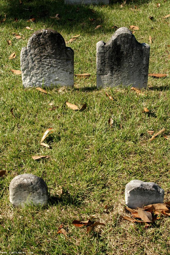 Gravestones in a grassy plot. They are eroded.