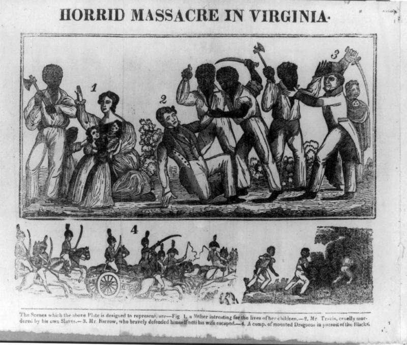 Illustration depicting Nat Turner's Rebellion. Scene 1 depicts enslaved people standing over white people with weapons. A white woman has two children. Scene 2 depicts armor cavalry attacking the enslaved rebels.