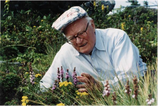 Hugh Morton lying with wildflowers. They are purple and yellow. There are shrubs grown around him. He is wearing a hat and glasses.
