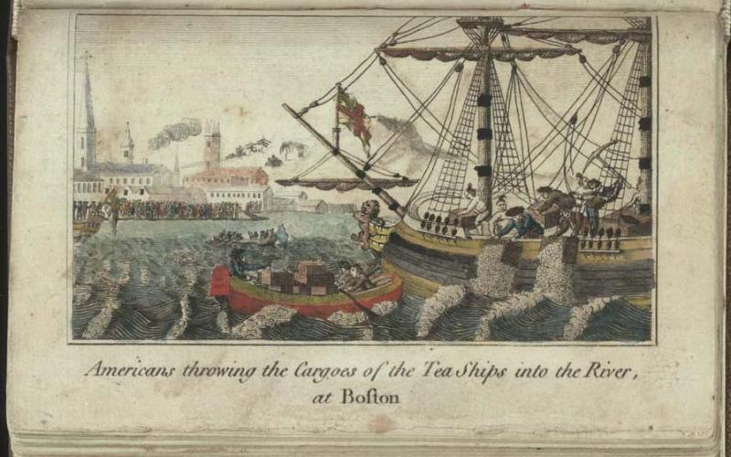"Boston Tea Party" Image of W.D. Cooper's 1789 engraving of the "Americans throwing the Cargoes of the Tea Ships into the River, at Boston," 1789. Today we refer to the event as the "Boston Tea Party."