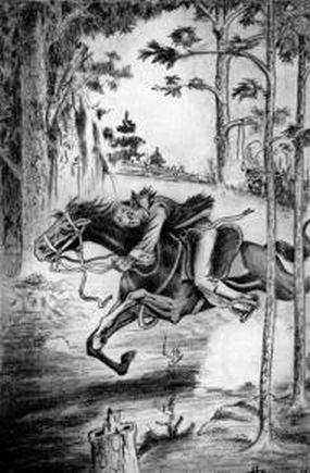 This is an image of a male rider on the bridled back of a galloping horse.