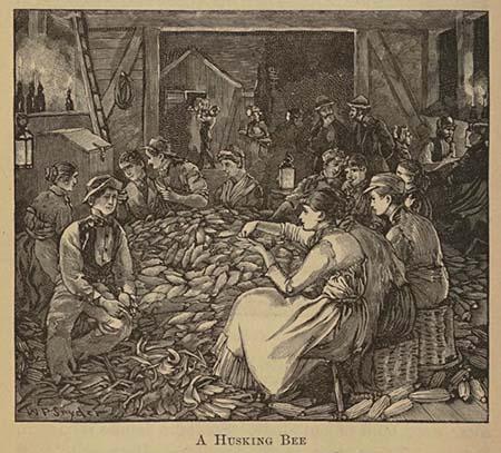 Husking Bee (1750) In this sketching, women, children and men are shown carrying out the tasks of bringing the corn to the barn and removing the husks from the corn. ca 1750, New England Colonies