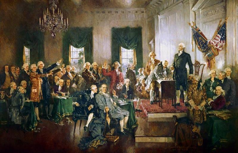 Scene at the Signing of the Constitution of the United States This is an image of the signing of the Constitution of the United States with George Washington presiding over the Philadelphia Convention.