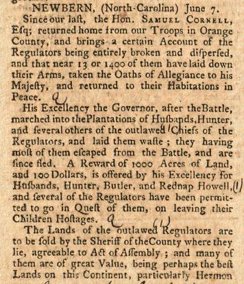 Image of an excerpt from the original publication of the Boston-Gazette, and Country Journal, July 15, 1771.  The paper published an account of the prosecution and execution of Regulators after their defeat at the Battle of Alamance on May 16, 1771. This paper is in the collections of the Massachusetts Historical Society.
