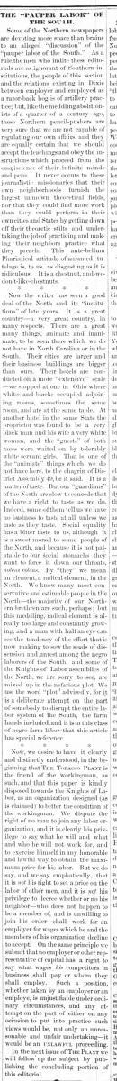Newspaper clipping for article titled The Pauper Labor of the South.
