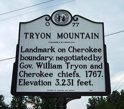 Image of the Tryon Mountain Historical Highway Marker located in Polk County, N.C.  Tryon Mountain was a landmark on the Cherokee boundary, negotiated by Gov. William Tryon and Cherokee chiefs in 1767.
