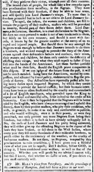 Image of excerpt of a letter published in the Virginia Gazette on November 25, 1775 in response to Lord Dunmore's Proclamation of November 7, 1775.