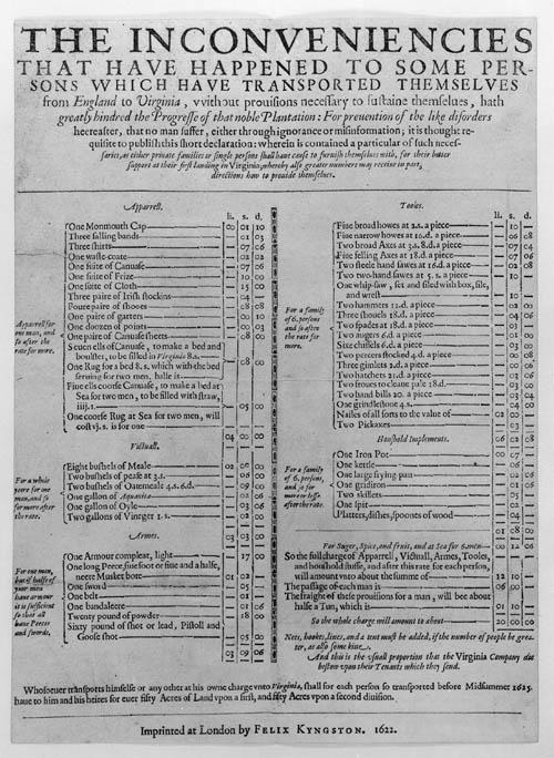 Broadside listing supplies for colonists, 1622