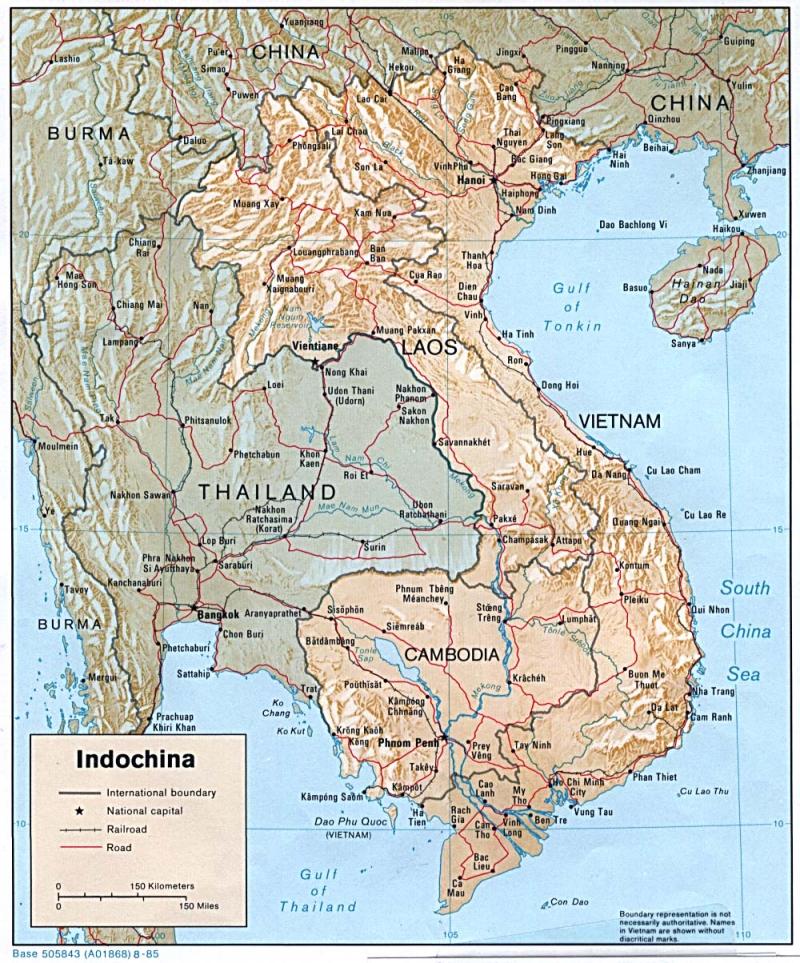 A map of Mainland Southeast Asia. The map depicts the countries of Laos, Vietnam, Thailand, Cambodia, Myanmar (then Burma), and China.