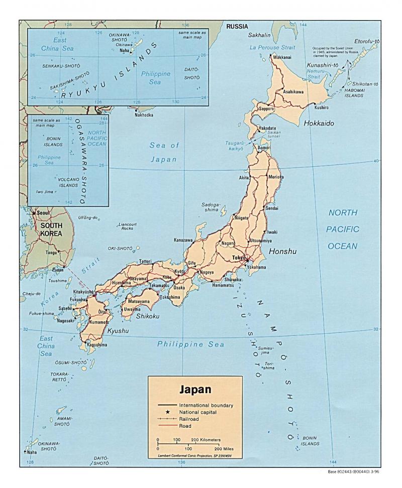 A 1966 political map of Japan and its major cities. 