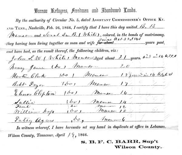 Marriage certificate issued by the Freedmen's Bureau Marriage certificate issued by the Freedmen's Bureau