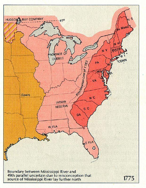 This map shows the restrictions on the colonies' westward expansion under the Proclamation of 1763. Much of the territory west of the Appalachians (shown here in pink) was reserved to American Indians.