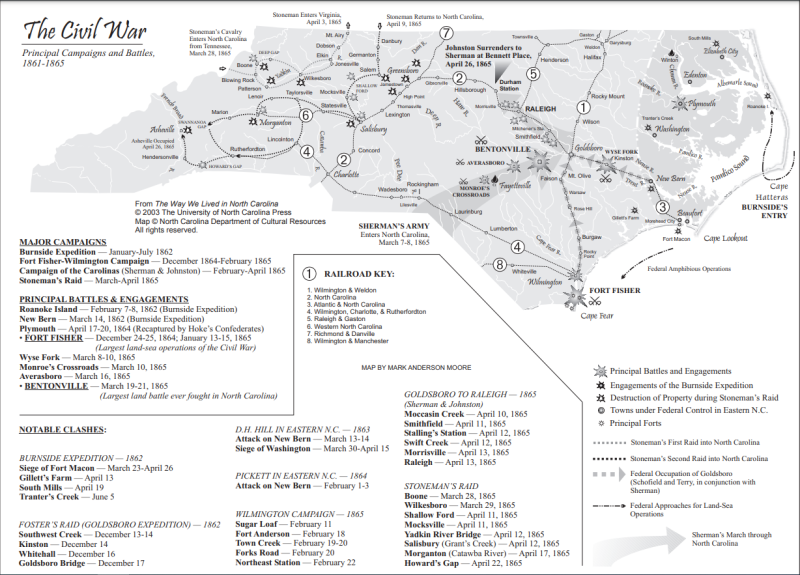 A map depicting Civil War engagements, towns, and railroads in North Carolina. 