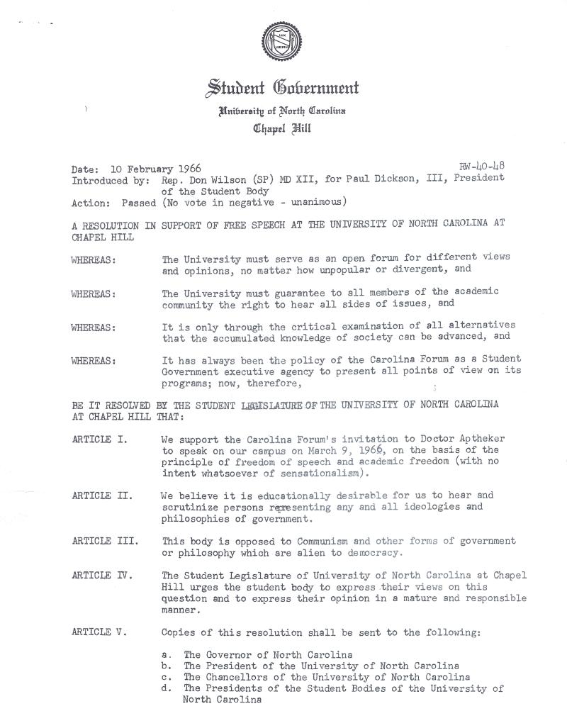 Resolution in Support of Free Speech from Student Government, Page 1