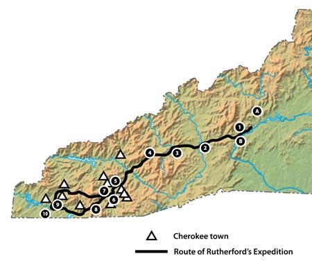 Map section of Rutherford's Expedition, 1776 Map depicting a trail traversing western North Carolina. It meanders through much of the mountains.