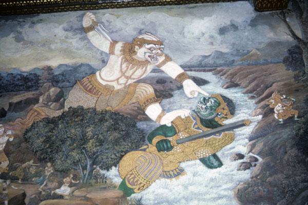 <img typeof="foaf:Image" src="http://statelibrarync.org/learnnc/sites/default/files/images/thai_rama_152.jpg" width="600" height="400" alt="Hanuman battles demon blocking river" title="Hanuman battles demon blocking river" />