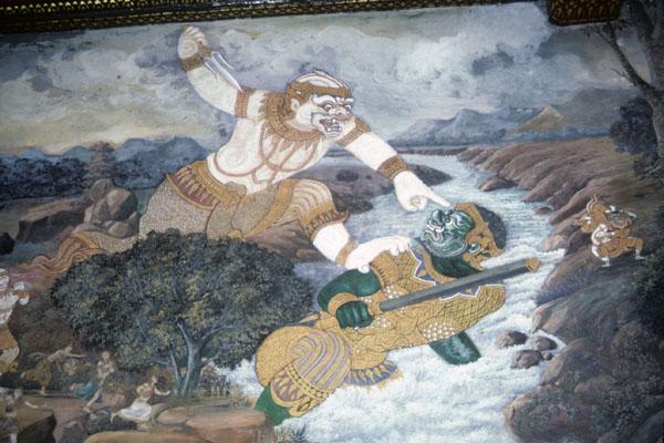 Hanuman Battles Demon Blocking River Thai Ramayana Mural Ncpedia