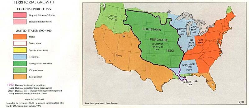 A map depicting territorial growth in the US in 1810. Sections are shaded in different colors to denote when they were acquired.