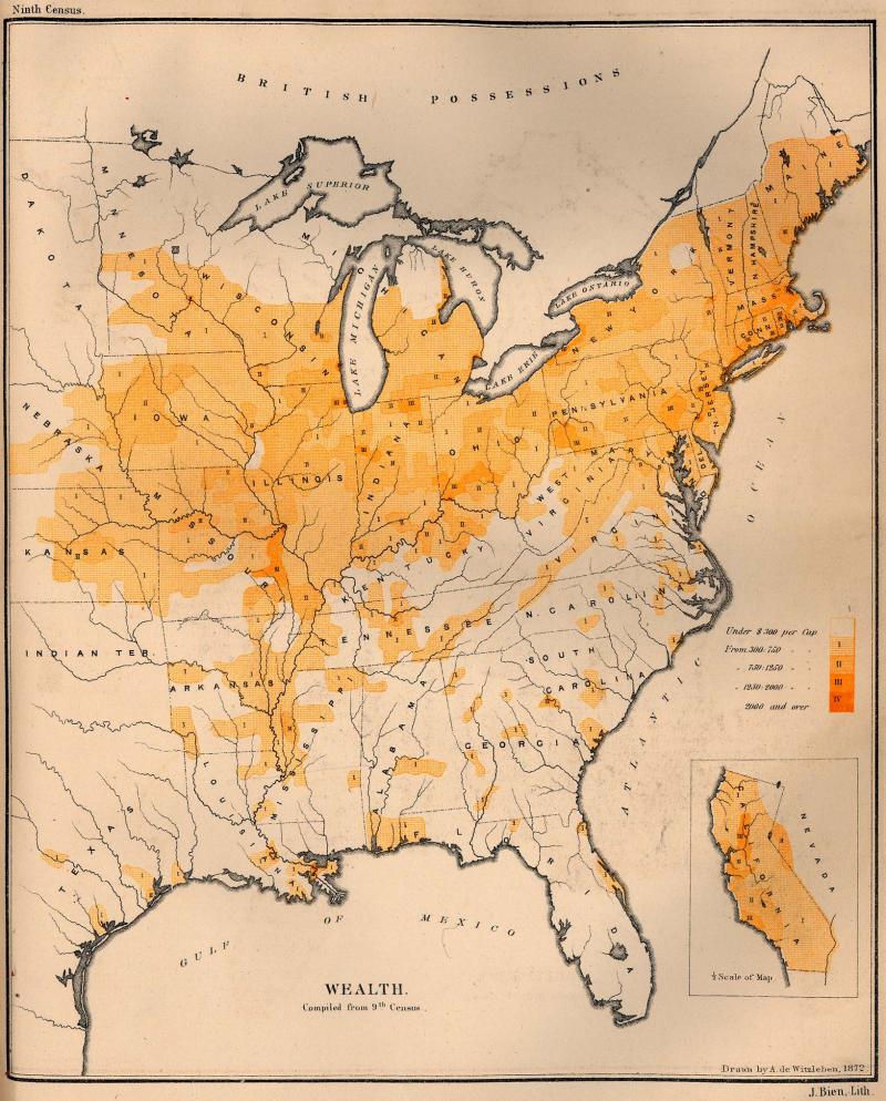 This 1872 map shows the distribution of per capita (per person) wealth in the United States.