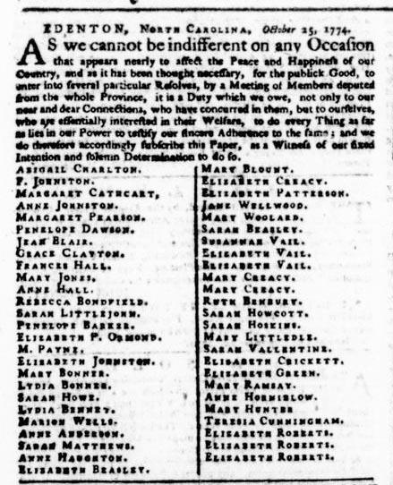 Newspaper excerpt listing womens names from the Edenton Resolves Tea Party. 