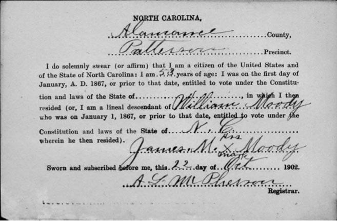Voter registration card from Alamance County, N.C., 1902