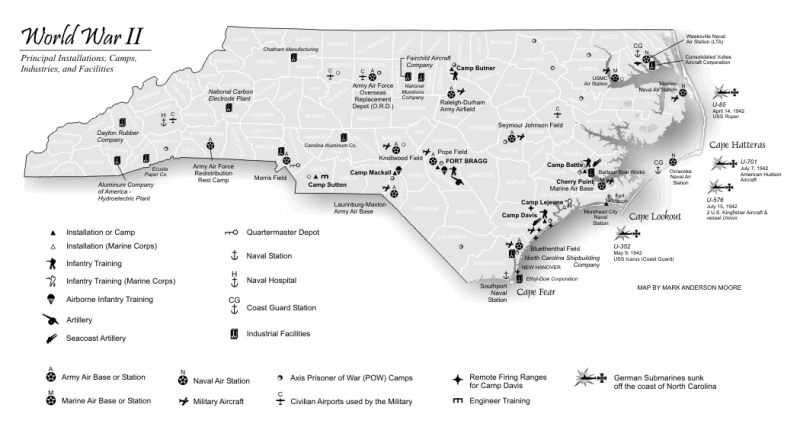 A map depicting North Carolina and important military installations during World War II.