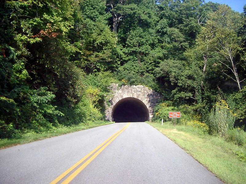Young Pisgah Ridge Tunnel A tunnel into a mountatinside.