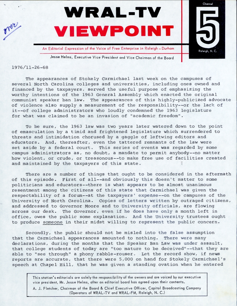 This is an image of a transcript from the "Viewpoints" editorial program of November 26, 1968 explaining the conservative viewpoint of Mr. Helms regarding the appearance of "Black Power" activist Stokely Carmichael at the University of North Carolina at Chapel Hill.