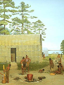 "Scene depicting an Algonquian village in the Carolinas. Photo courtesy of the University of Michigan Exhibit Museum" Accessed via National Park Service. 
