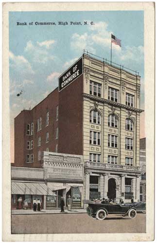 "Bank of Commerce, High Point, N.C.", built by Armfield in 1905. From the Durwood Barbour Collection of North Carolina Postcards (P077), North Carolina Collection Photographic Archives, Wilson Library, UNC-Chapel Hill.