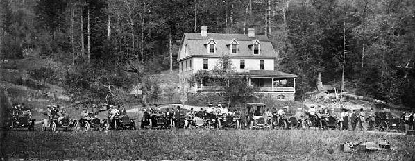 "First invasion of the automobile in the Grandfather Mountain region," 1908. Line of cars in front of the Inn at Edgemont, Caldwell County. Image from the North Carolina Museum of History.