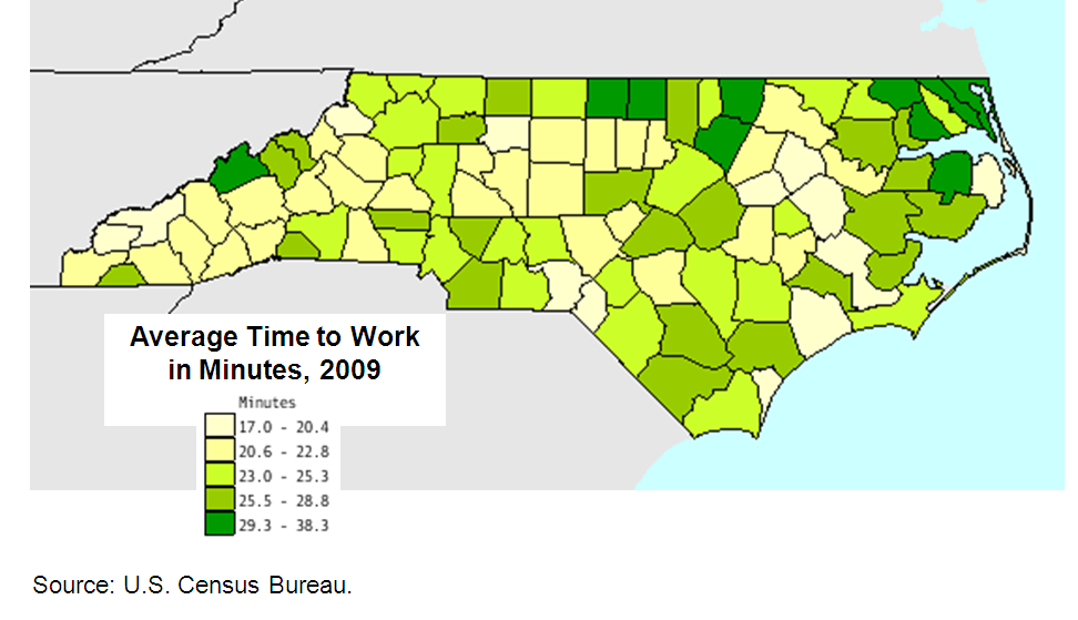 Average commute to work in minutes by county, 2009