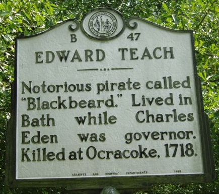 North Carolina Highway Historical Marker for Edward Teach alias Blackbeard the Pirate