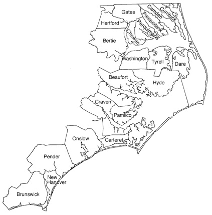 The twenty counties covered by CAMA. Image courtesy of the Division of Coastal Management. 