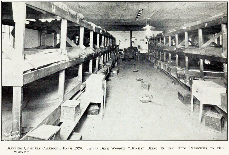 Caledonia Prison Farm sleeping quarters, 1926. Image from the Biennial report of the State's Prison 1925-1926 in the North Carolina Digital Collections.. 
