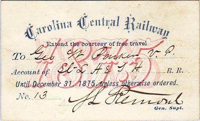 Carolina Central Railway boarding pass, 1875. Image from North Carolina Historic Sites. 