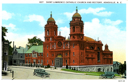 "Saint Lawrence Catholic Church and Rectory, Asheville, NC." Image courtesy of the North Carolina State Archives. 