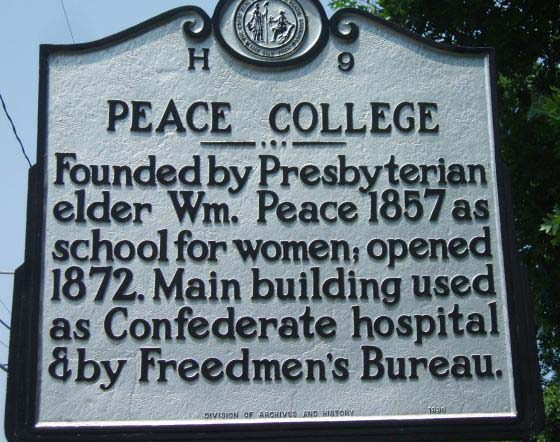 Peace College mile marker is located in Wake County. Photo is courtesy of the North Carolina HIghway Historical Marker Program. A large metal marker titled "Peace College."