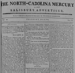 North Carolina Mercury, and Salisbury Advertiser first published by Coupee in 1798.