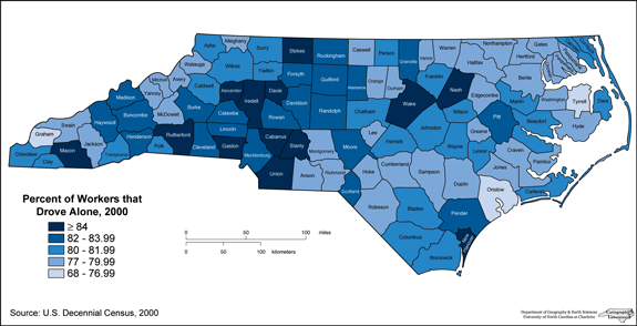 Drove alone to work by county, 2000