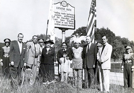 Photograph of the unveiling ceremony for the Estatoe Path historical marker, 1957. Image from the North Carolina Museum of History.