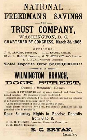 Advertisement for the Freedman's Bank, Haddock, T.M., compiler. Haddock's Wilmington, N. C., Directory, and General Advertiser. Wilmington, N. C.:P. Heinsberger, 1871. From Documenting the American South at the University of North Carolina at Chapel Hill