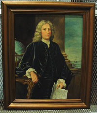 Portrait of Arthur Dobbs. He is wearing a black robe and powdered wig.