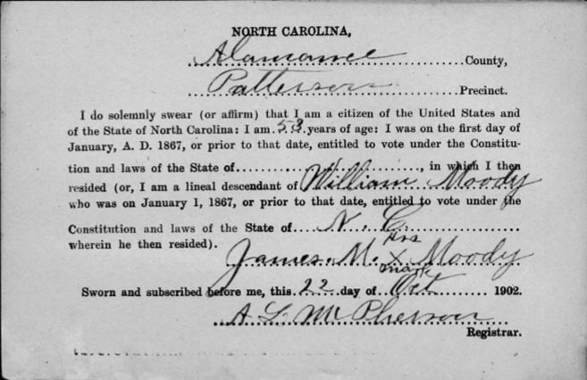 Voter registration card from Alamance county, N.C., 1902.