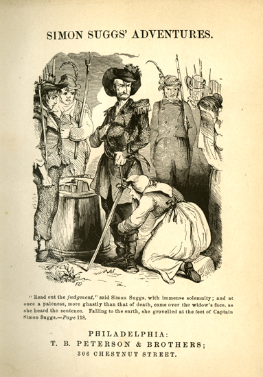 Title page from Johnson Jones Hooper's <i>Simon Suggs' Adventures</i>, published 1881. Illustration by Felix O.C. Darley.  From the collections of the State Library of North Carolina.    