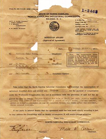 A letter from the North Carolina Industrial Commission notifying a Matthew Butts of his workman's compensation award for an accident at the Richmond Cedar Works, which occurred on August 14, 1929. Image from the North Carolina Museum of History. 